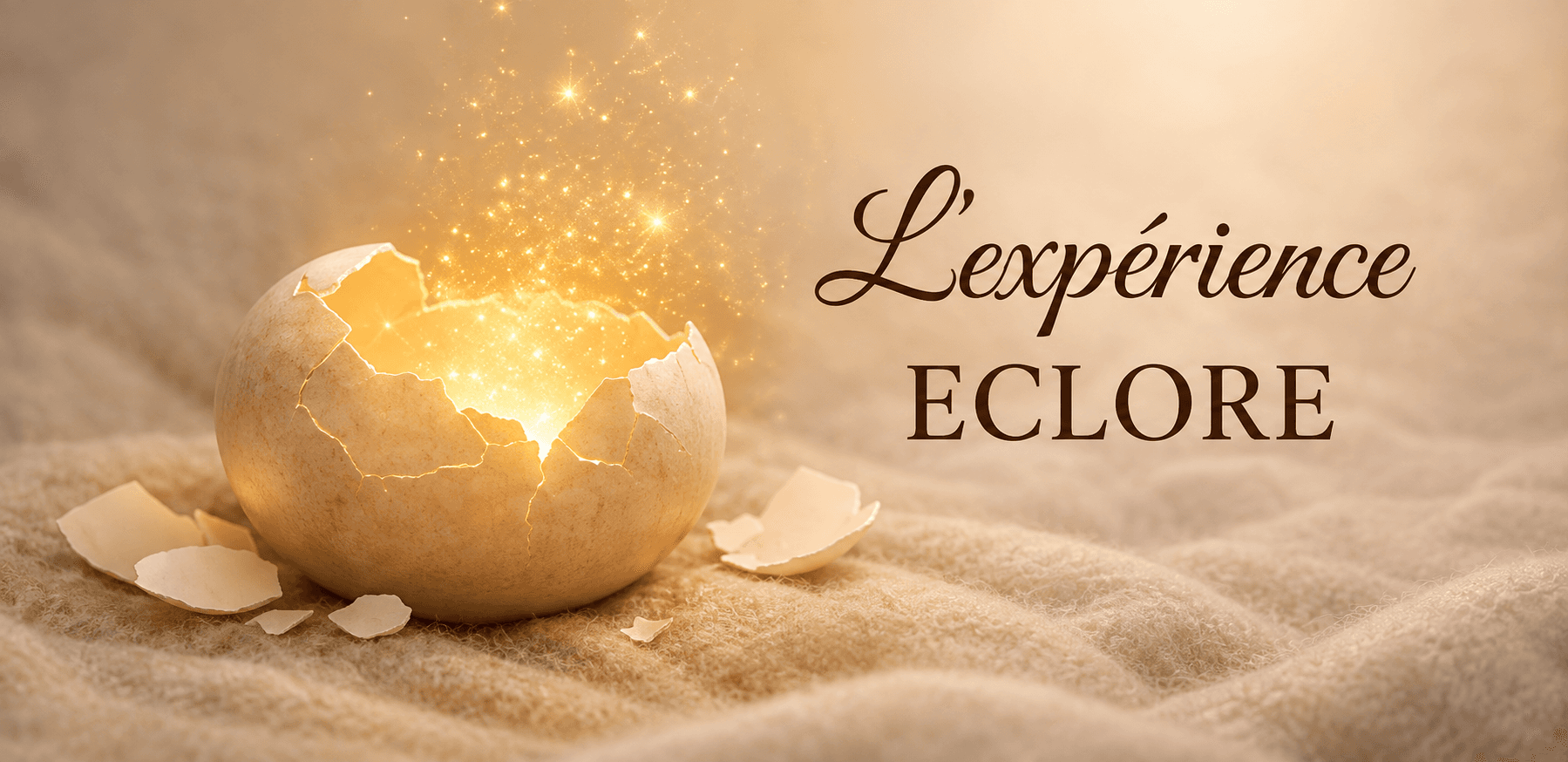 L'expérience ÉCLORE — un œuf qui s'ouvre sur une lumière dorée, posé sur du coton
